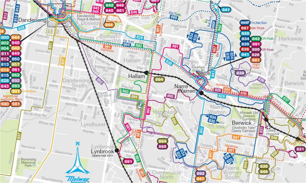Melbourne bussi liinid kaardil