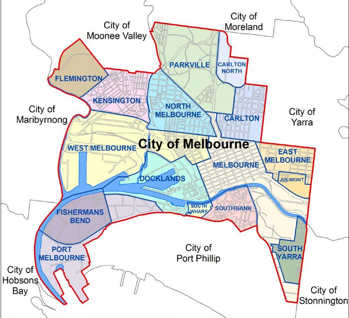 kaart Melbourne ' is ja äärelinnade ümbritseva